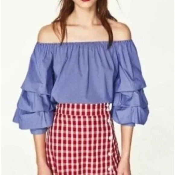 ZARA Woman Size Small Cobalt White Pinstripe Off the Shoulder Cropped Top - Picture 1 of 10